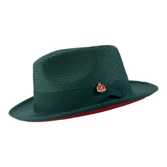 MEN'S MONTIQUE EMERALD/ RED BOTTOM 2-1/2" WIDE BRIM PINCH FEDORA HAT. H76 - Picture 2 of 8